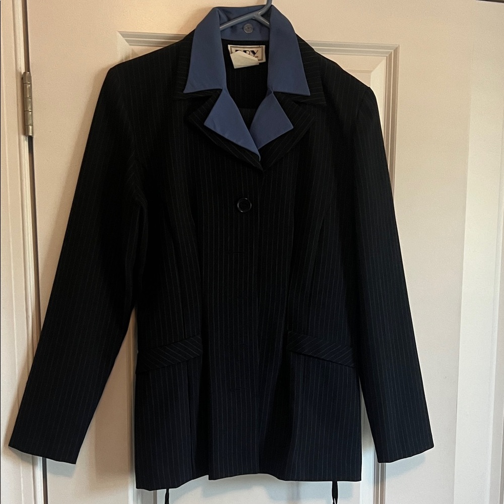 2 pc Classic Black Pinstripe Women's Blazer & pants set with Blue Accent collar